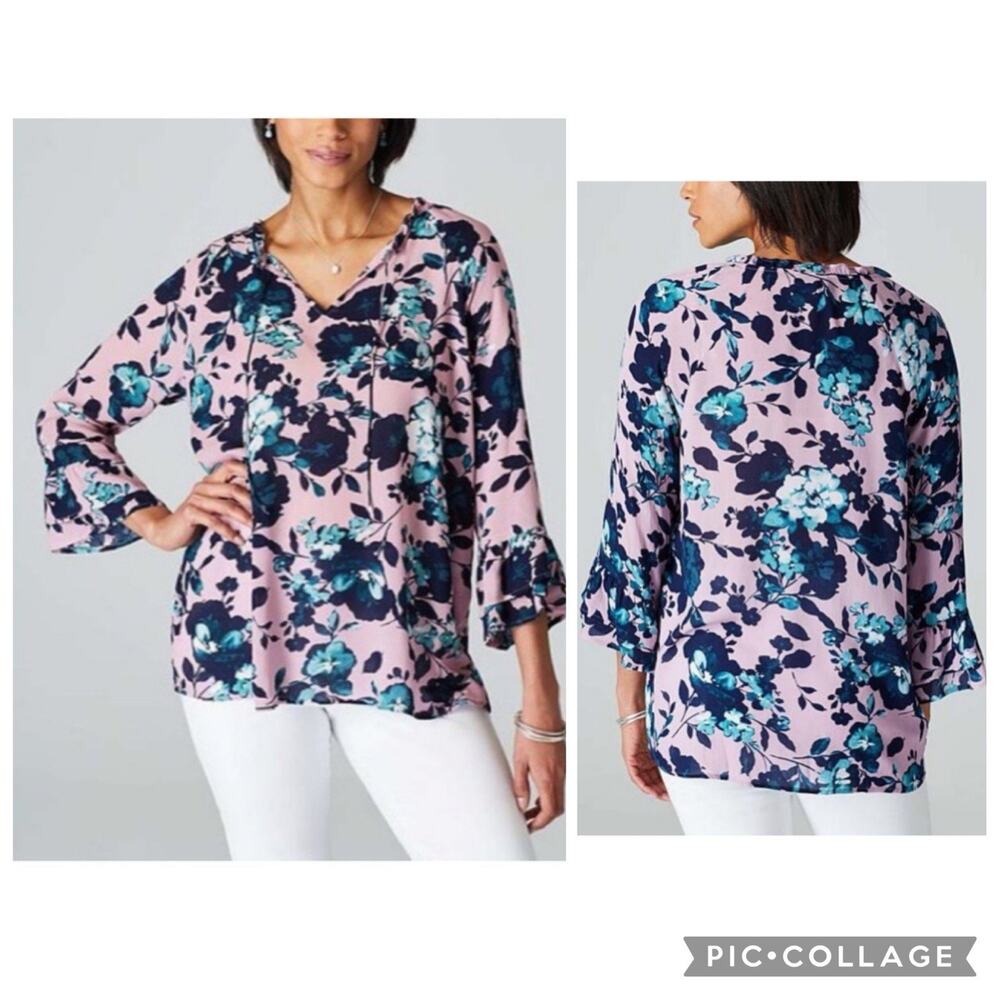 J Jill Maueve Floral Tunic Top XL 3/4 Bell Sleeve Ruffle Tie Neck Bloomcore